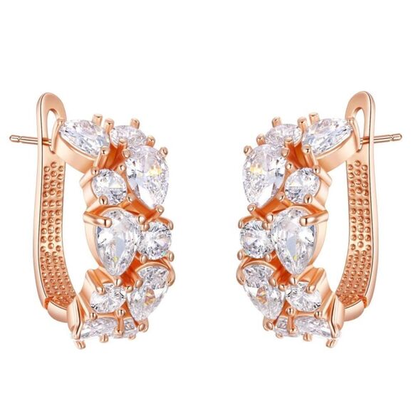 Rose Gold with White Diamond Cubic Zirconia French Clip Post Flower Earrings - Picture 1 of 5